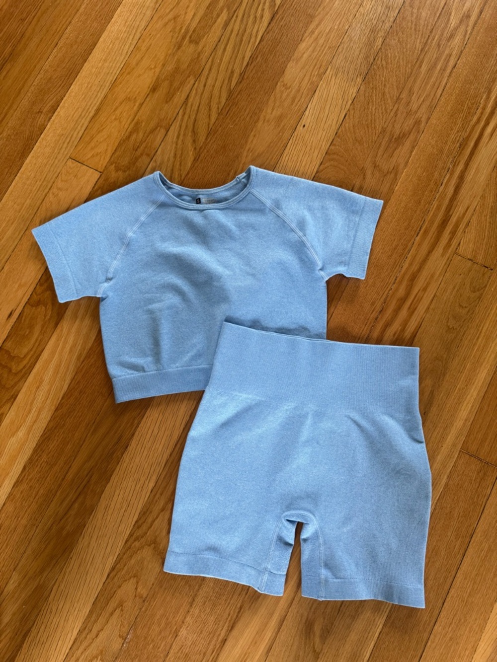 Light Blue Short Sleeve Crop Top & High Waist Biker Shorts Workout Set